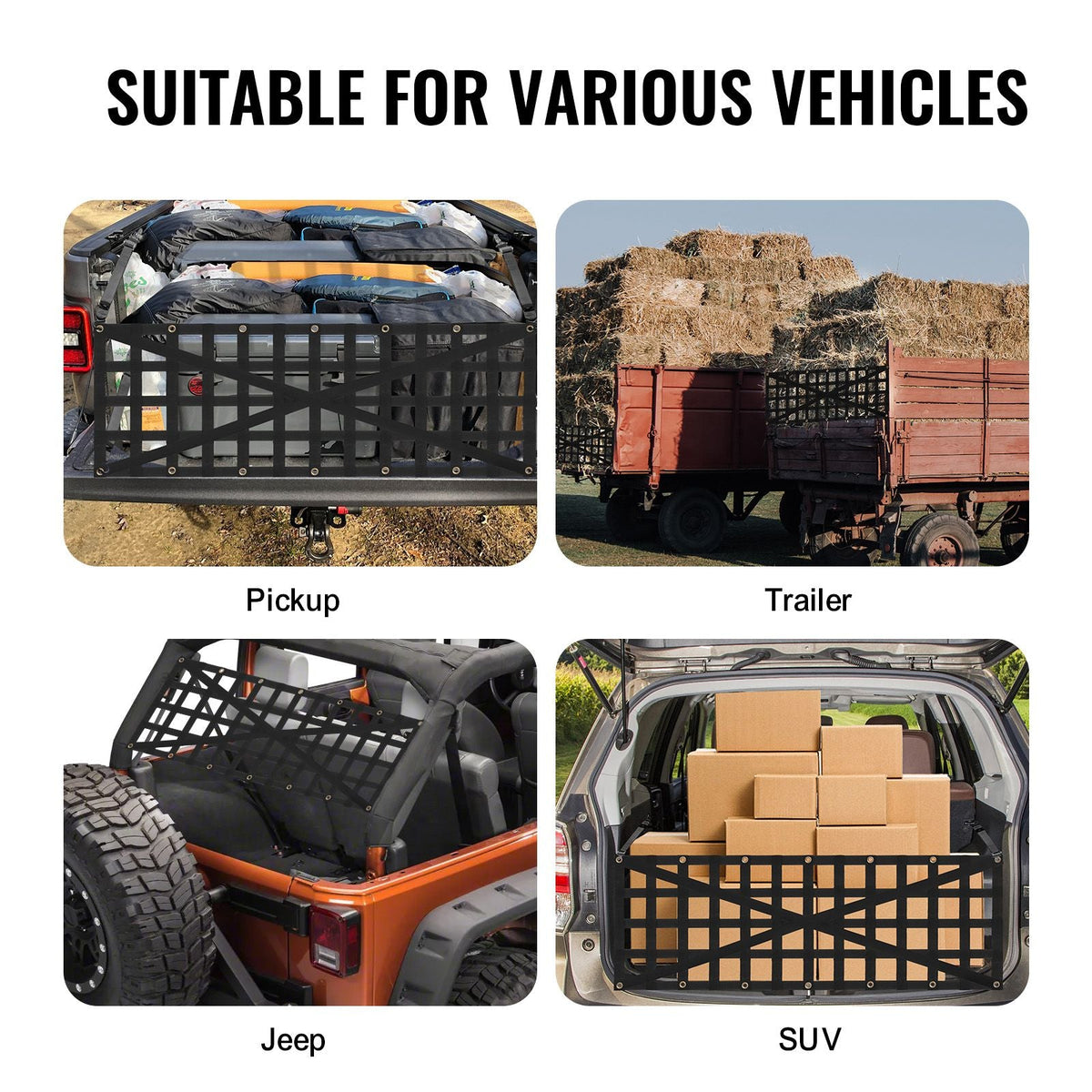 Tailgate Net, 54 in x 18 in, Heavy Duty Cargo Net for Truck Bed with 4 Adjustable Telescopic Straps, Cross-reinforced Design, Extendable & Durable, Suitable for Pickup, Truck, Trailer, Jeep, SUV