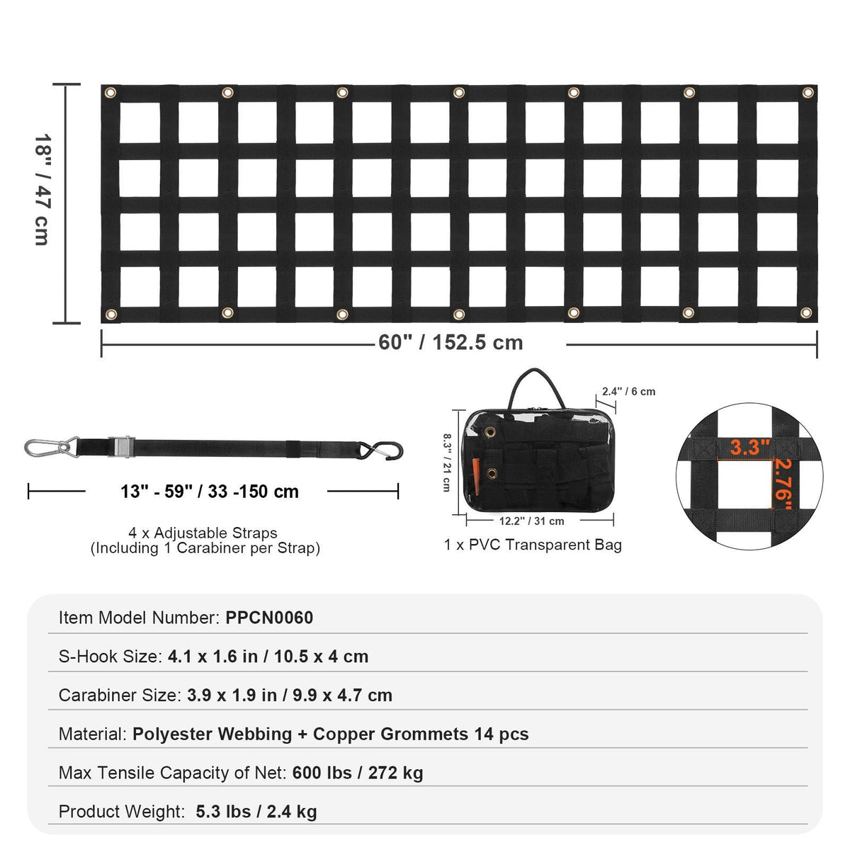 Tailgate Net, 60 in x 18 in, Heavy Duty Cargo Net for Truck Bed with 4 Adjustable Telescopic Straps, Extendable & Durable, Flexible Adjustment, Suitable for Pickup, Trailer, Truck, Jeep, SUV