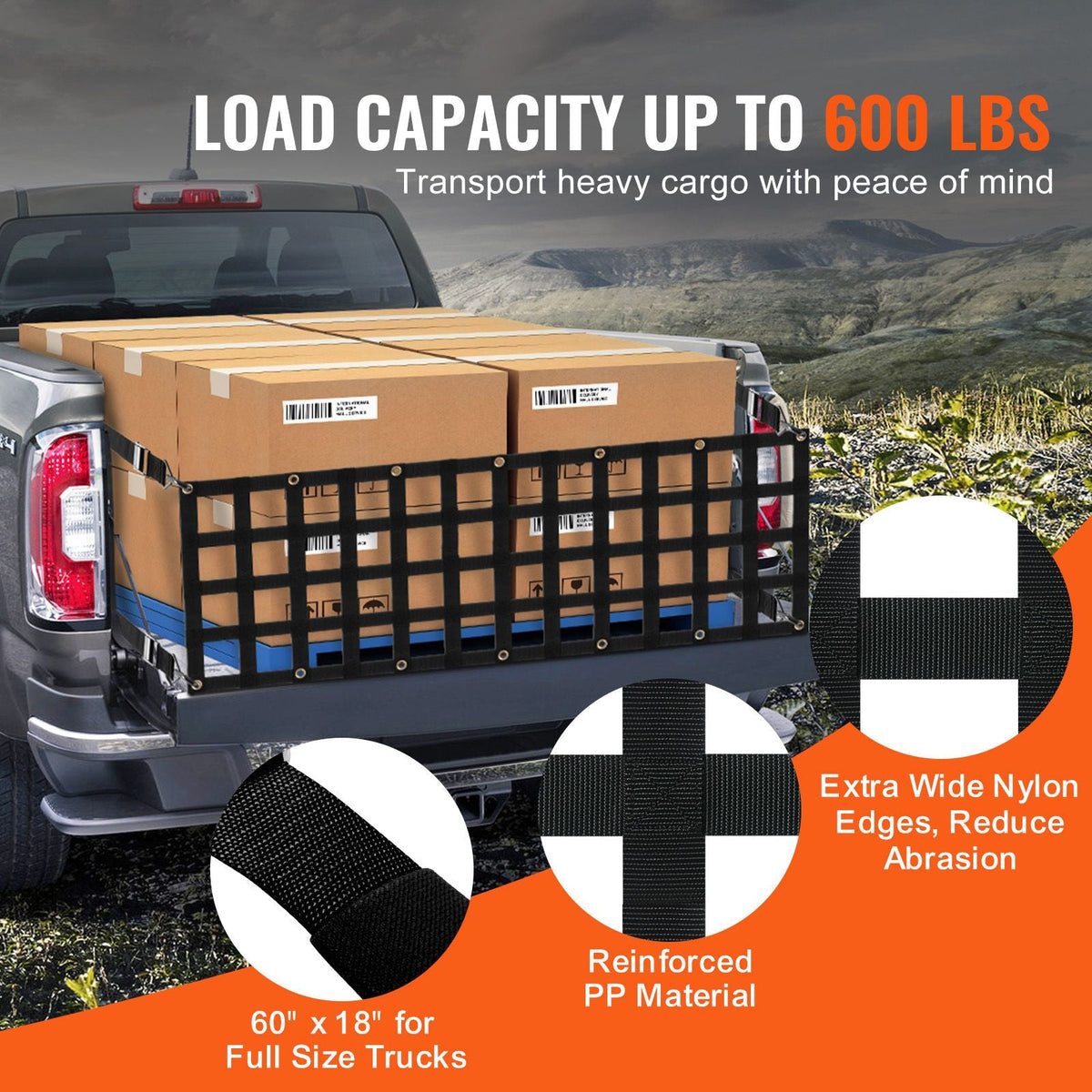 Tailgate Net, 60 in x 18 in, Heavy Duty Cargo Net for Truck Bed with 4 Adjustable Telescopic Straps, Extendable & Durable, Flexible Adjustment, Suitable for Pickup, Trailer, Truck, Jeep, SUV