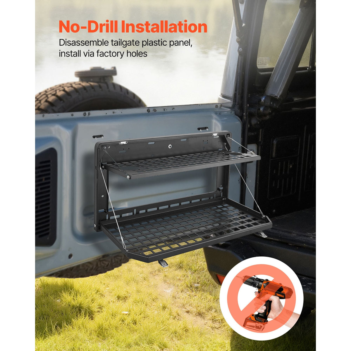 Tailgate Table, for 2007-2024 Jeep Wrangler JK, 100 lbs, Carbon Steel Foldable Molle Panel Double-Layer Drop Down Table, Rear Cargo Storage Rack Shelf Luggage Holder Carrier Camping Accessories