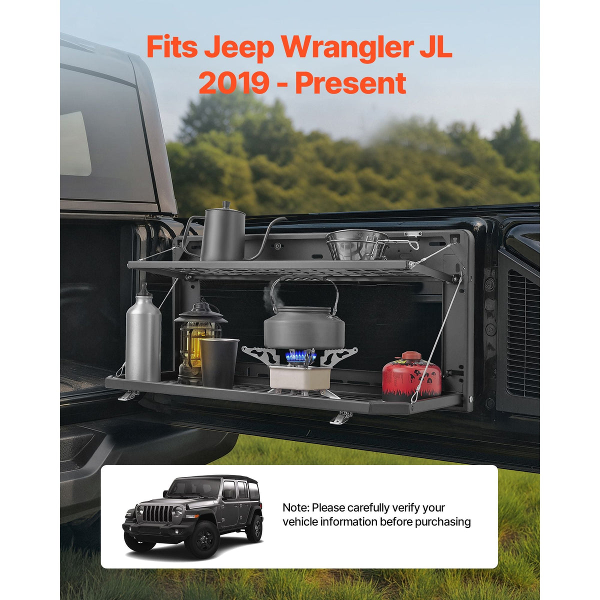 Tailgate Table, for 2007-2024 Jeep Wrangler JK, 100 lbs, Carbon Steel Foldable Molle Panel Double-Layer Drop Down Table, Rear Cargo Storage Rack Shelf Luggage Holder Carrier Camping Accessories