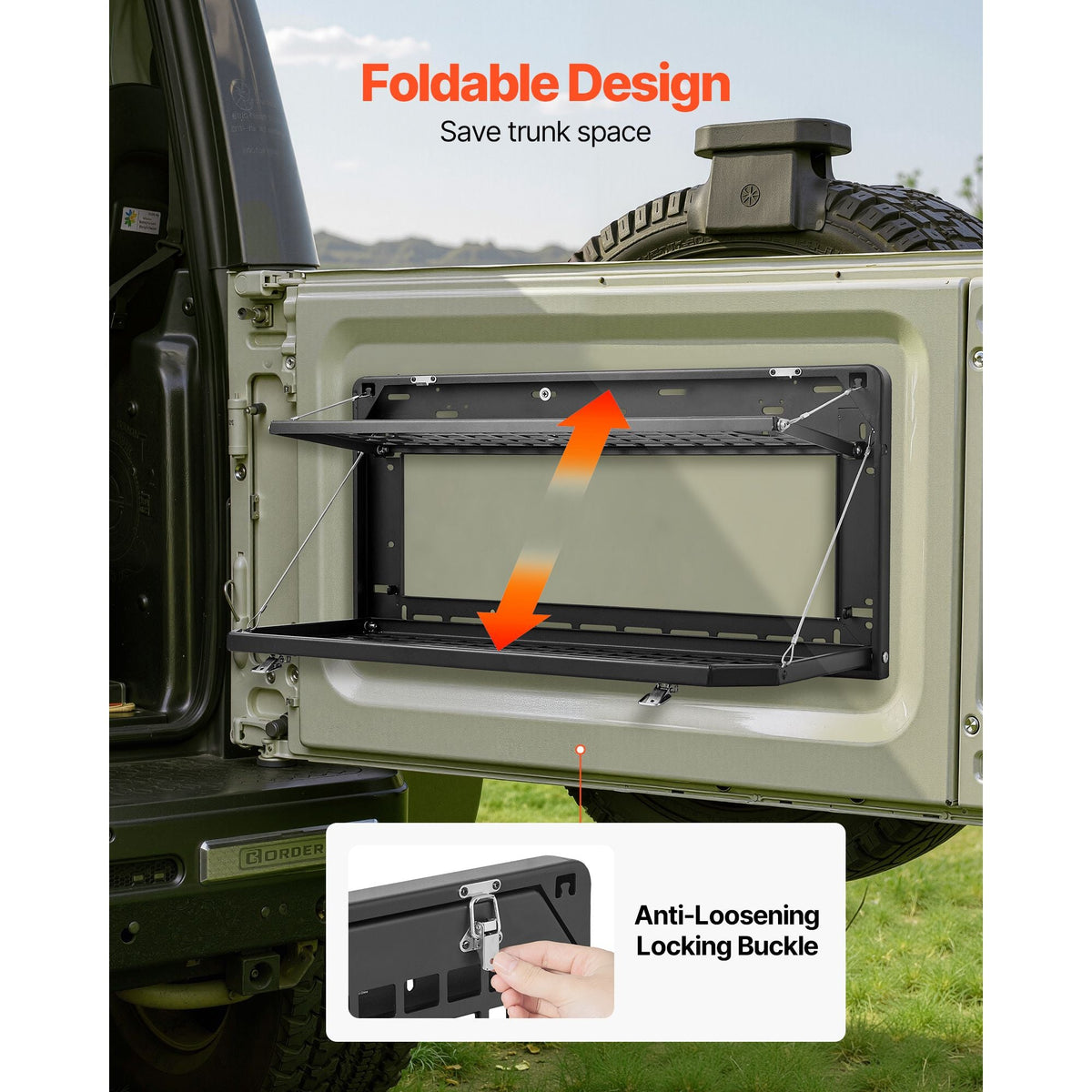 Tailgate Table, for 2007-2024 Jeep Wrangler JK, 100 lbs, Carbon Steel Foldable Molle Panel Double-Layer Drop Down Table, Rear Cargo Storage Rack Shelf Luggage Holder Carrier Camping Accessories
