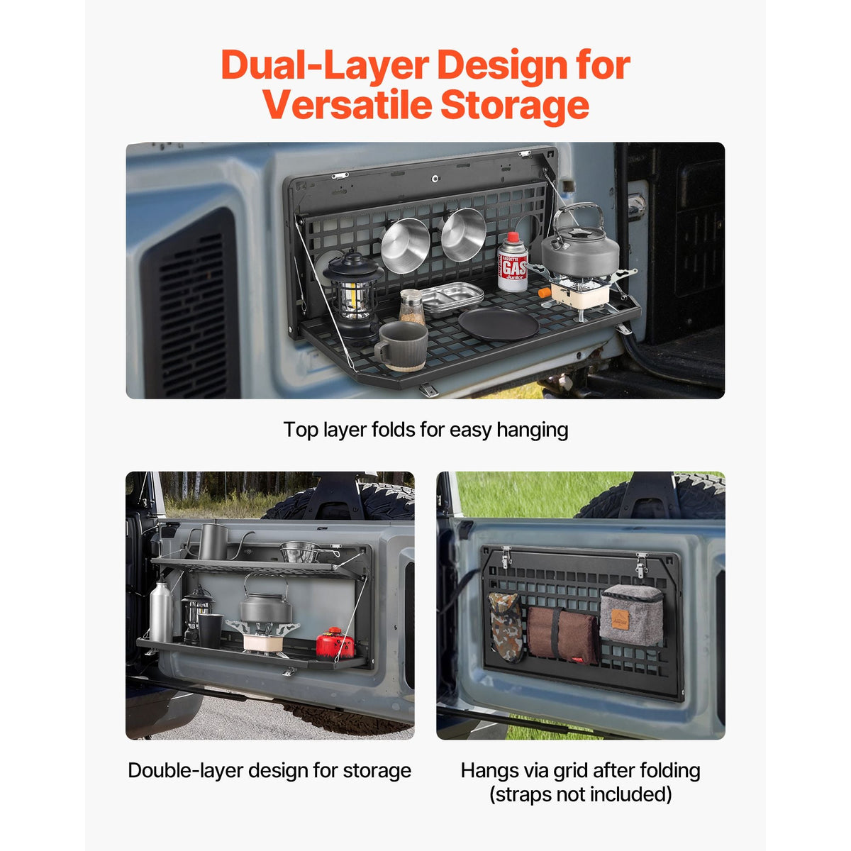 Tailgate Table, for 2007-2024 Jeep Wrangler JK, 100 lbs, Carbon Steel Foldable Molle Panel Double-Layer Drop Down Table, Rear Cargo Storage Rack Shelf Luggage Holder Carrier Camping Accessories