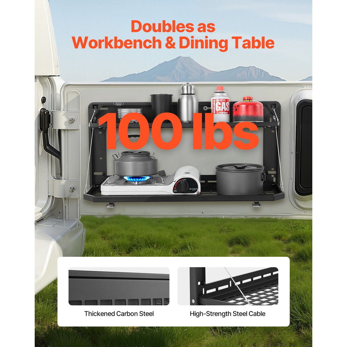 Tailgate Table, for 2007-2024 Jeep Wrangler JK, 100 lbs, Carbon Steel Foldable Molle Panel Double-Layer Drop Down Table, Rear Cargo Storage Rack Shelf Luggage Holder Carrier Camping Accessories