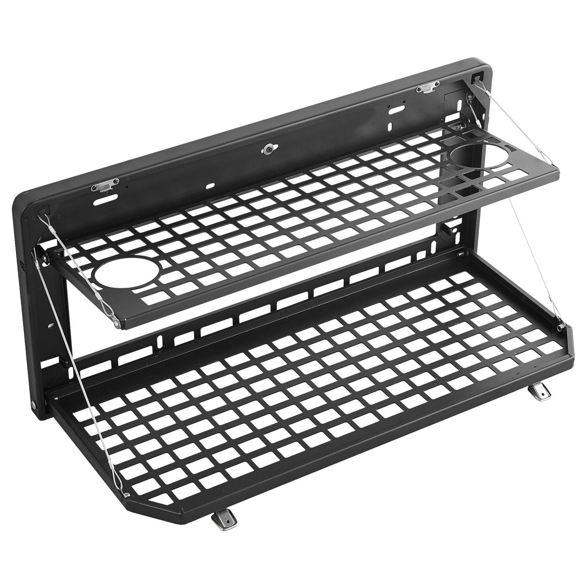 Tailgate Table, for 2007-2024 Jeep Wrangler JK, 100 lbs, Carbon Steel Foldable Molle Panel Double-Layer Drop Down Table, Rear Cargo Storage Rack Shelf Luggage Holder Carrier Camping Accessories