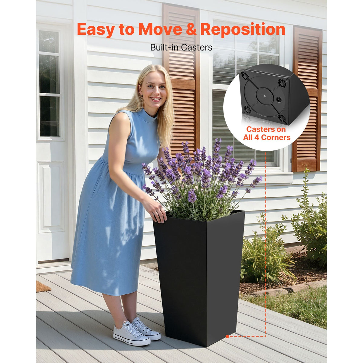 Tall Planters Set of 2, 30 Inch Large Outdoor Taper Planters for Outdoor Indoor Plants, Front Porch Plastic Modern Flower Pots with Casters, Inner Pot & Drainage Holes for Patio, Garden, Black