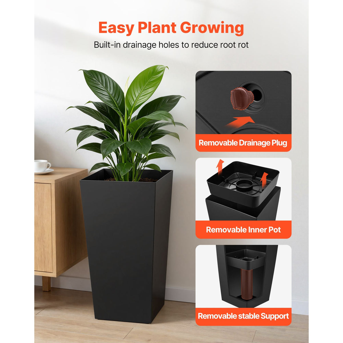 Tall Planters Set of 2, 30 Inch Large Outdoor Taper Planters for Outdoor Indoor Plants, Front Porch Plastic Modern Flower Pots with Casters, Inner Pot & Drainage Holes for Patio, Garden, Black