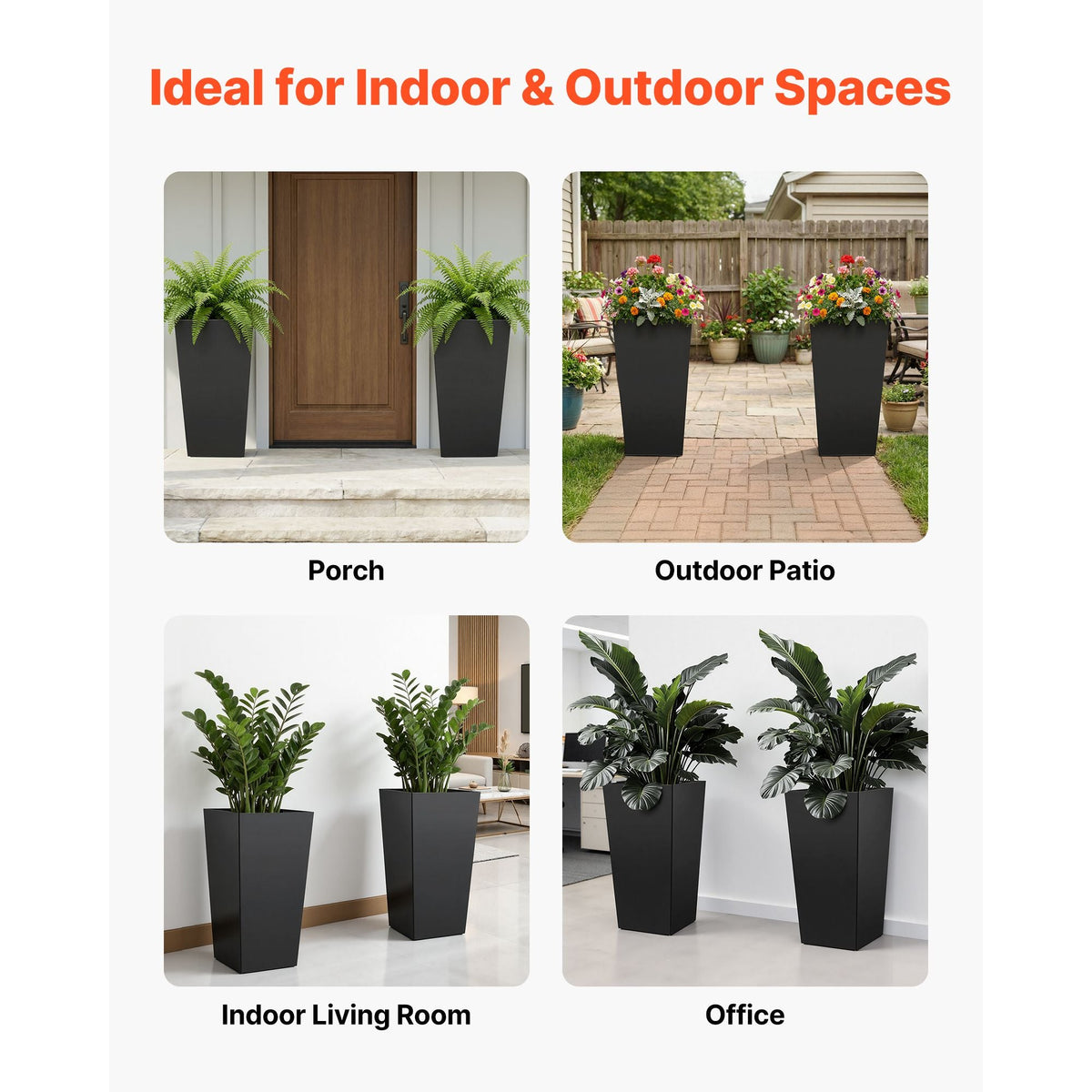 Tall Planters Set of 2, 30 Inch Large Outdoor Taper Planters for Outdoor Indoor Plants, Front Porch Plastic Modern Flower Pots with Casters, Inner Pot & Drainage Holes for Patio, Garden, Black