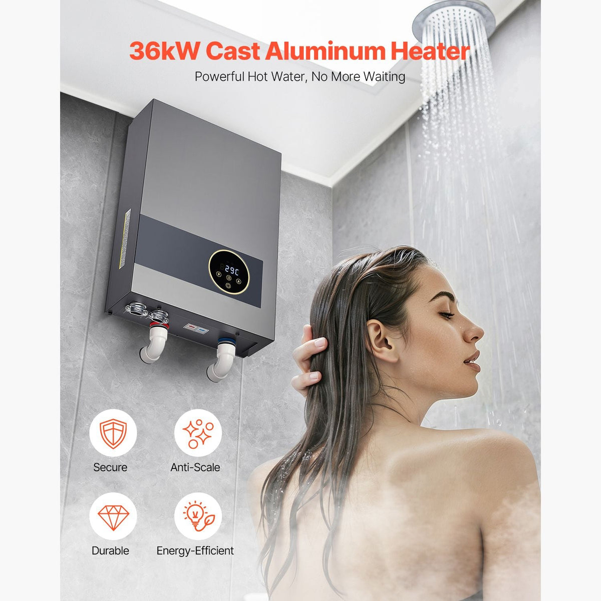 Tankless Electric Water Heater, 36kW Instant Hot Water Heater Under Sink, On Demand for Bathroom, Kitchen, Office with LCD Touch Screen, Child Security Lock ,Space-Saving, 240V