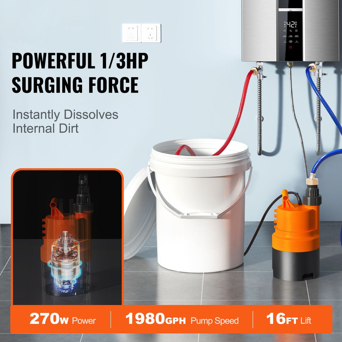 Tankless Water Heater Flushing Kit, Includes Efficient Pump & 5 Gallon Pail & 2 Hoses & Descaling Powder, Wrench and Adapter for Quick Install Easy to Start, Water Heater Flush Kit