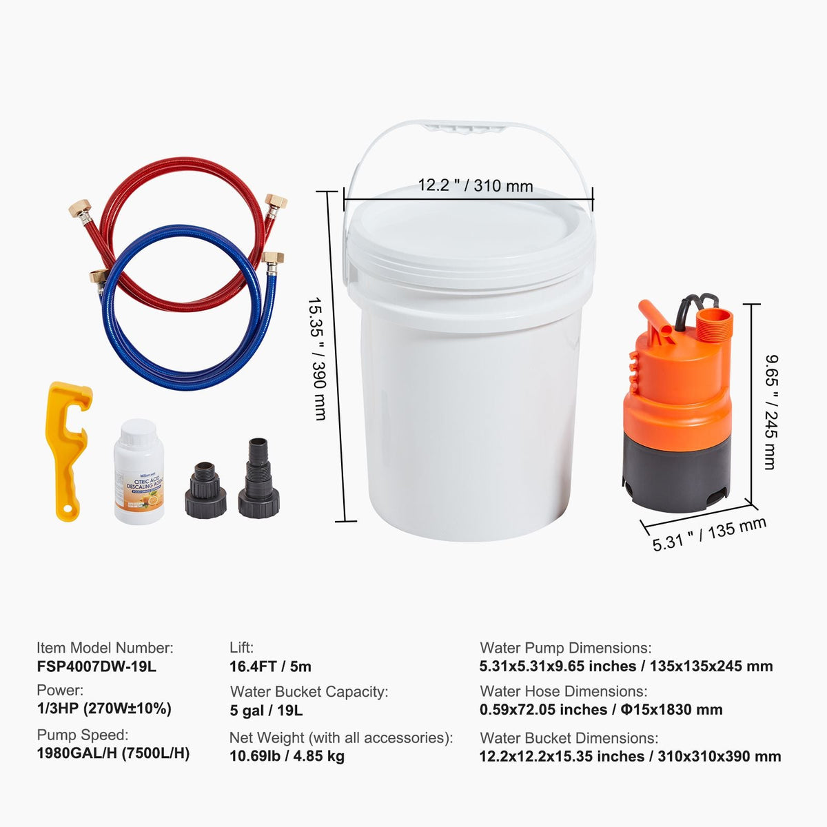 Tankless Water Heater Flushing Kit, Includes Efficient Pump & 5 Gallon Pail & 2 Hoses & Descaling Powder, Wrench and Adapter for Quick Install Easy to Start, Water Heater Flush Kit