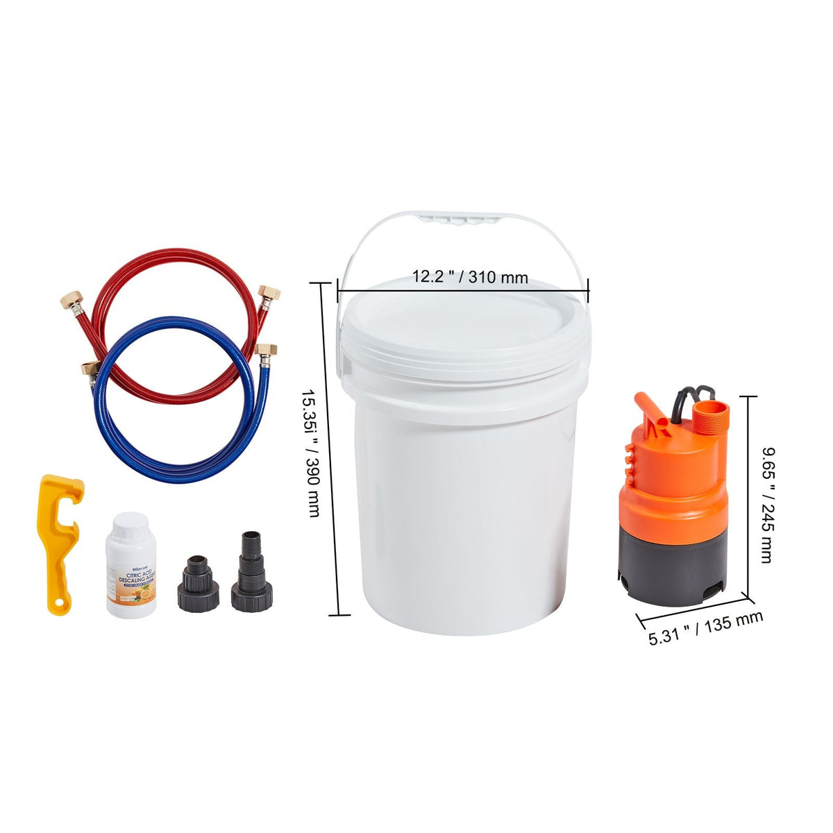 Tankless Water Heater Flushing Kit, Includes Efficient Pump & 5 Gallon Pail & 2 Hoses & Descaling Powder, Wrench and Adapter for Quick Install Easy to Start, Water Heater Flush Kit