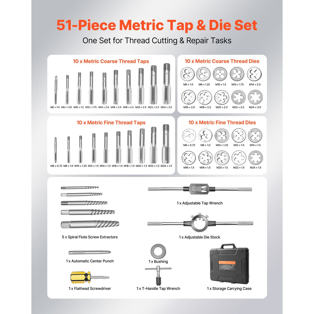 Tap and Die Set, 51-Piece Metric Sizes M6 to M24, with Coarse and Fine Thread Taps and Dies, Wrench, Carrying Case and Complete Accessories, Bearing Steel, for Threading and Rethreading Threads
