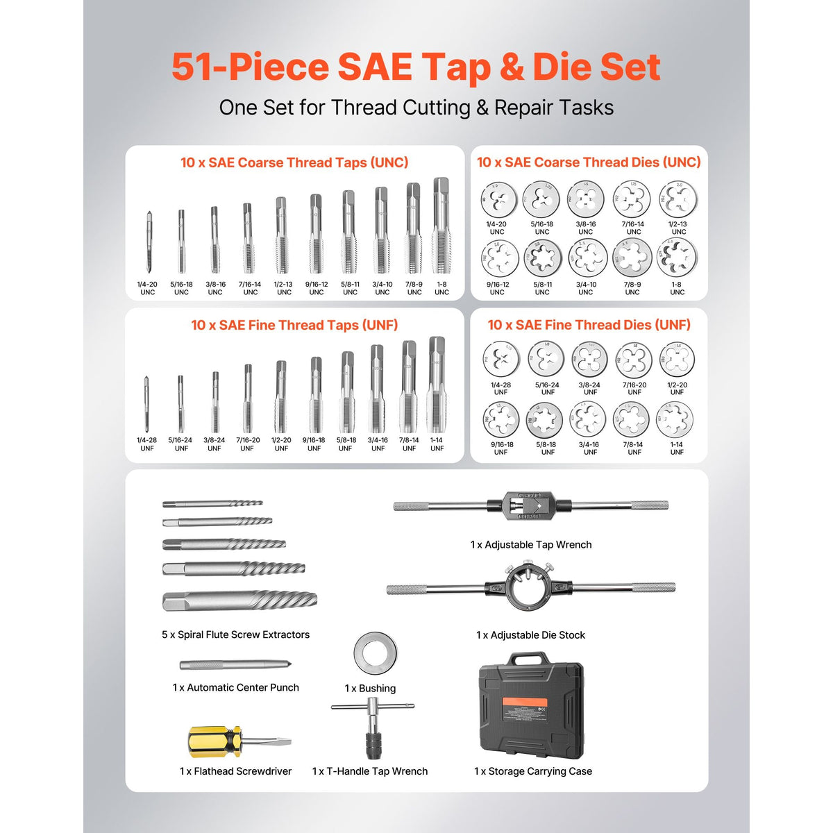 Tap and Die Set, 51-Piece SAE Sizes 1/4" to 1", with Coarse and Fine Thread Taps and Dies, Wrench, Carrying Case and Complete Accessories, Bearing Steel, for Threading and Rethreading Threads