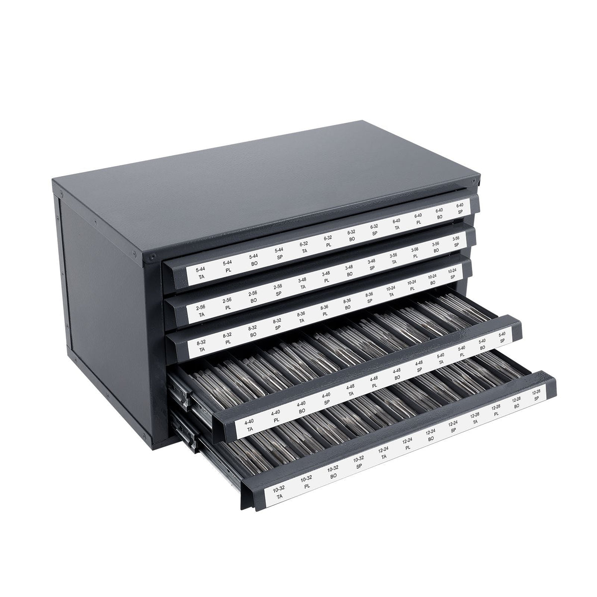 Tap Dispenser Cabinet, Five-Drawer Tap Organizer Cabinet for #2-56-#12-28 Steel Tap Dispenser Organizer Cabinet with Labels, 60-Compartment Stackable Tap Cabinet for Tap Storage