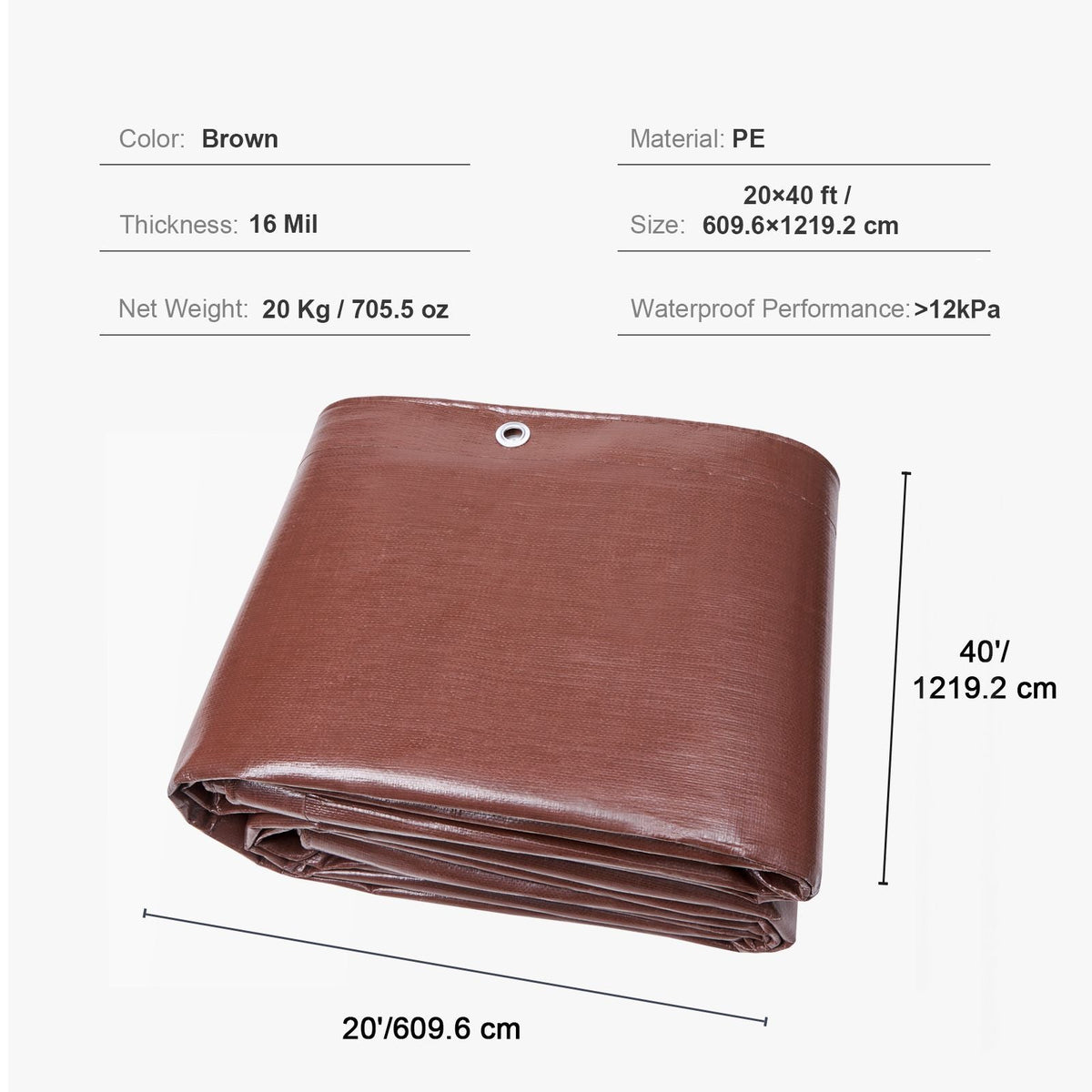 Tarp 20x40 ft 16 Mil Extra Thick, Waterproof Poly Plastic Tarps Cover, Multi-Purpose Outdoor Tarpaulin with Grommets & Reinforced Edges for Truck, RV, Boat, Camping (Brown)