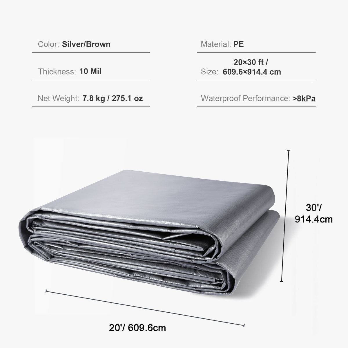 Tarp Heavy Duty Waterproof 20x30 ft, Plastic Poly Tarp Cover 10 Mil, Multi Purpose Tear UV and Temperature Resistant Outdoor Tarpaulin with High Durability Reinforced Grommets (Silver/Brown)