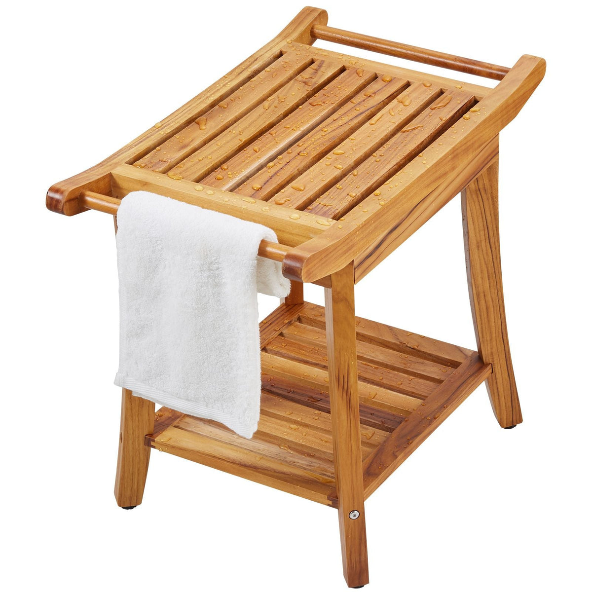Teak Shower Bench, 22 x 14.4 x 18.5 in, Waterproof Wood Shower Stool with Storage Shelf Handle Non-Slip Feet, 300 lbs Maximum Load Capacity Shower Chair Seat, for Bathroom Indoor and Outdoor Use