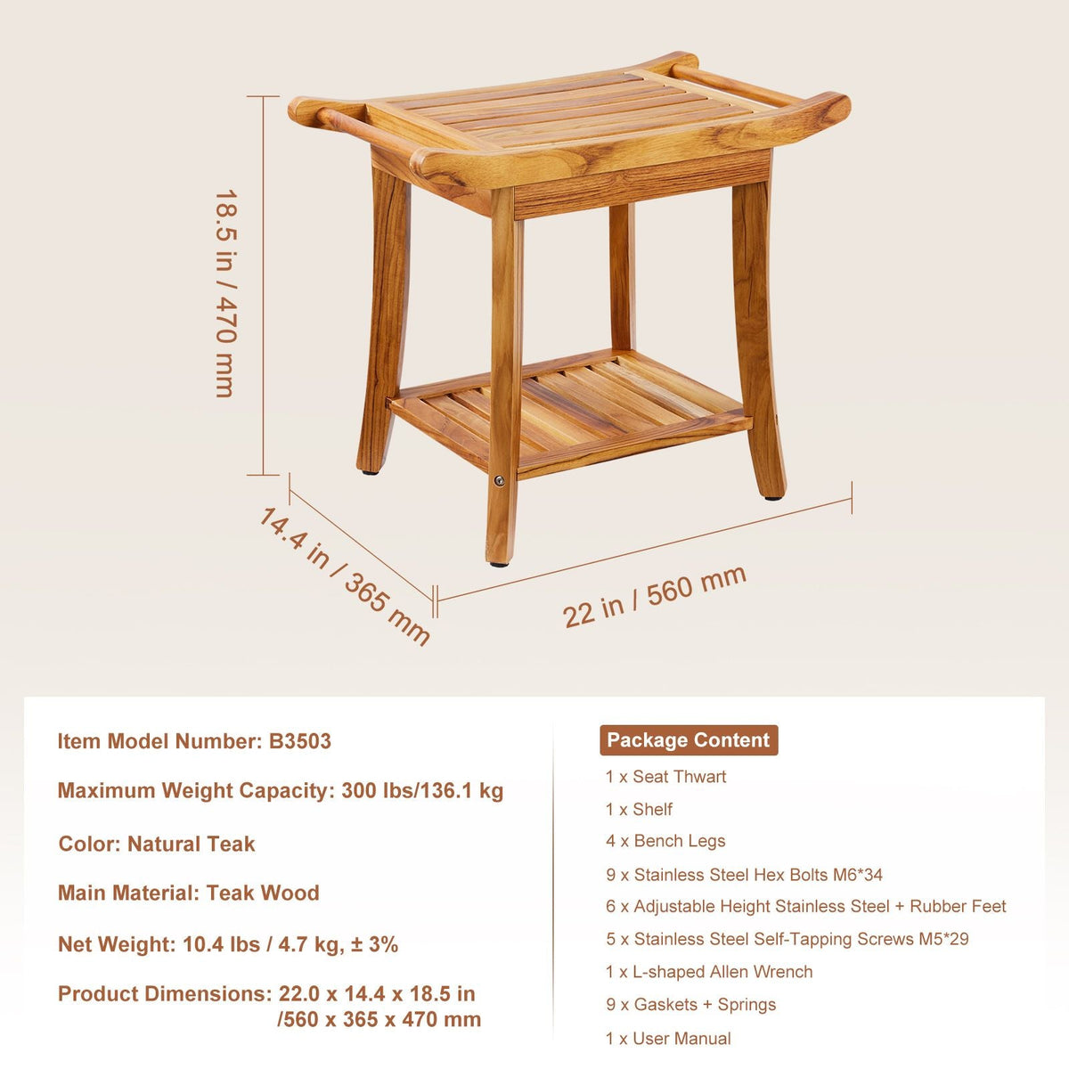 Teak Shower Bench, 22 x 14.4 x 18.5 in, Waterproof Wood Shower Stool with Storage Shelf Handle Non-Slip Feet, 300 lbs Maximum Load Capacity Shower Chair Seat, for Bathroom Indoor and Outdoor Use