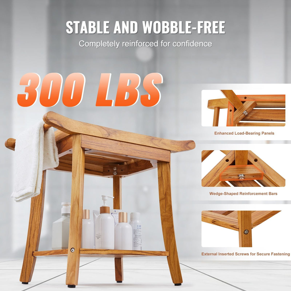 Teak Shower Bench, 22 x 14.4 x 18.5 in, Waterproof Wood Shower Stool with Storage Shelf Handle Non-Slip Feet, 300 lbs Maximum Load Capacity Shower Chair Seat, for Bathroom Indoor and Outdoor Use