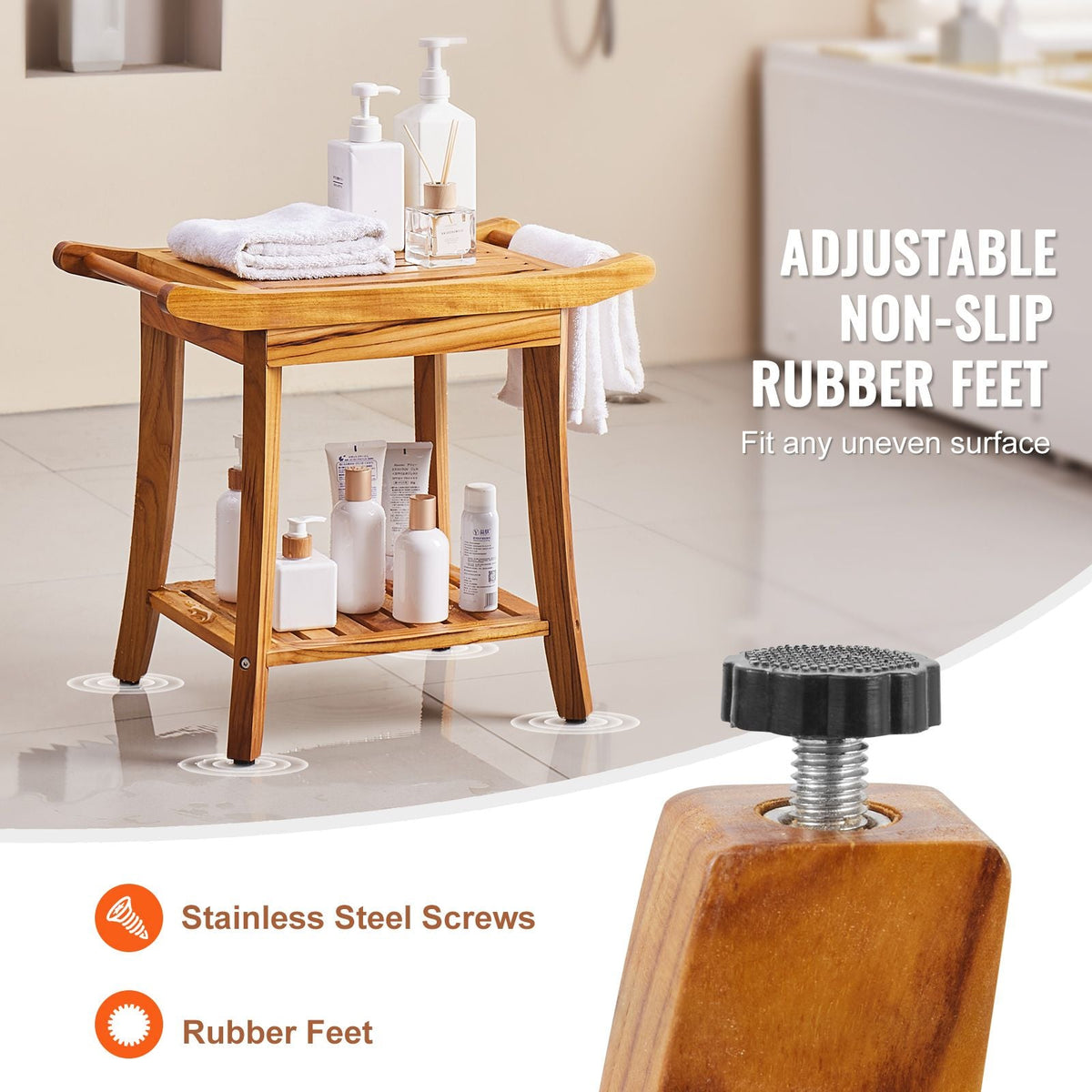 Teak Shower Bench, 22 x 14.4 x 18.5 in, Waterproof Wood Shower Stool with Storage Shelf Handle Non-Slip Feet, 300 lbs Maximum Load Capacity Shower Chair Seat, for Bathroom Indoor and Outdoor Use
