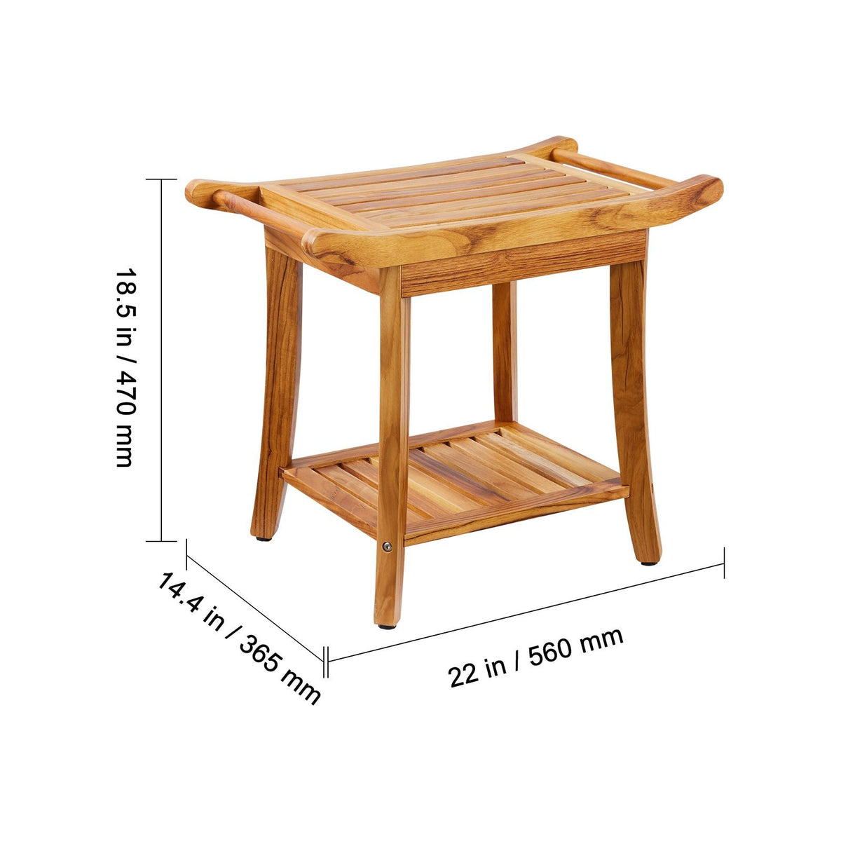Teak Shower Bench, 22 x 14.4 x 18.5 in, Waterproof Wood Shower Stool with Storage Shelf Handle Non-Slip Feet, 300 lbs Maximum Load Capacity Shower Chair Seat, for Bathroom Indoor and Outdoor Use