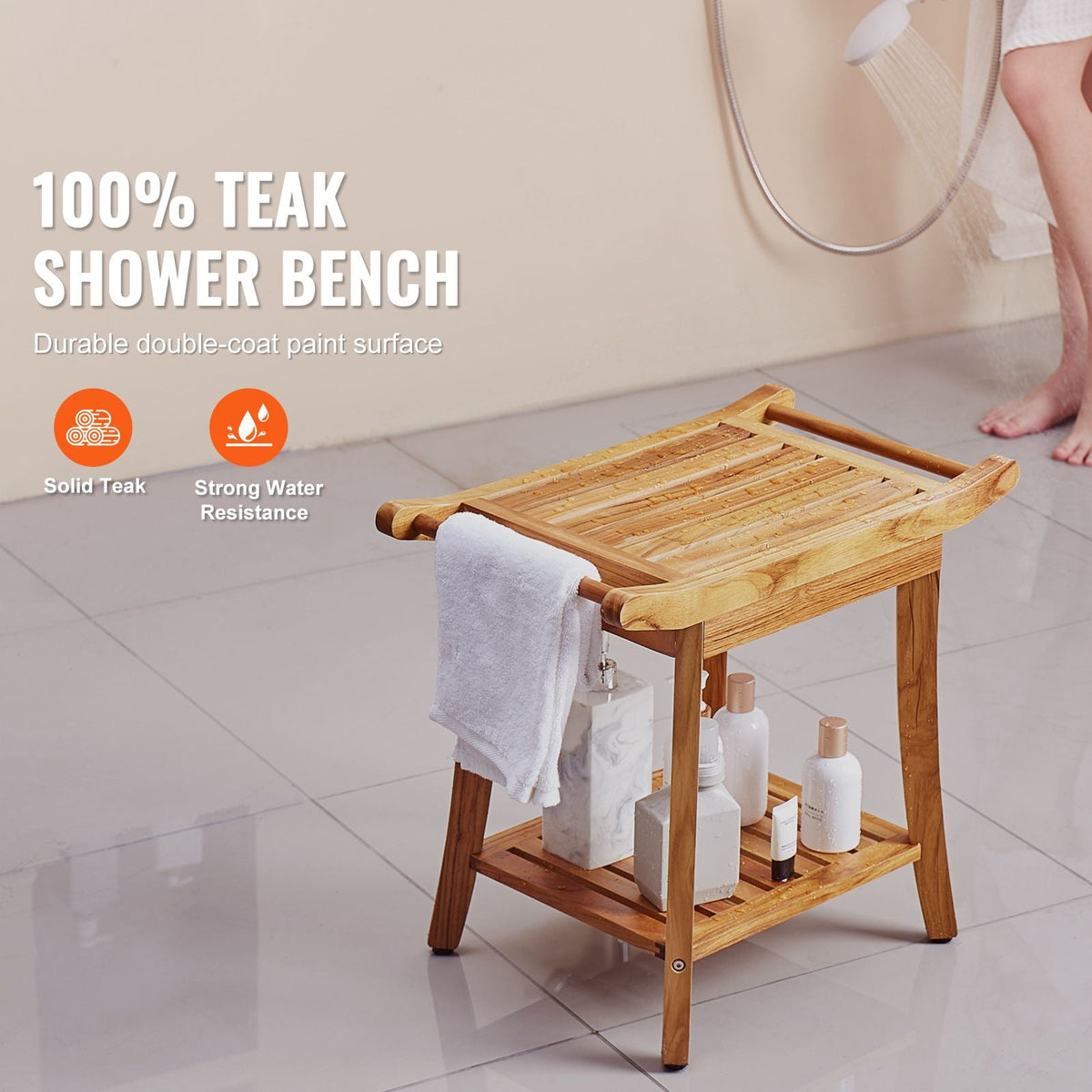 Teak Shower Bench, 22 x 14.4 x 18.5 in, Waterproof Wood Shower Stool with Storage Shelf Handle Non-Slip Feet, 300 lbs Maximum Load Capacity Shower Chair Seat, for Bathroom Indoor and Outdoor Use