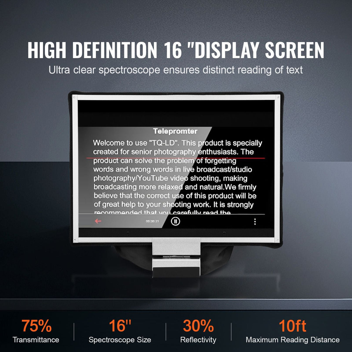 Teleprompter, 16" Aluminum Alloy, Floor Type with Adjustable Angle Spectroscope, Remote Control, for YouTube, Twitch, Zoom, Supports DSLR/Webcam, for Video Recording/Live Streaming