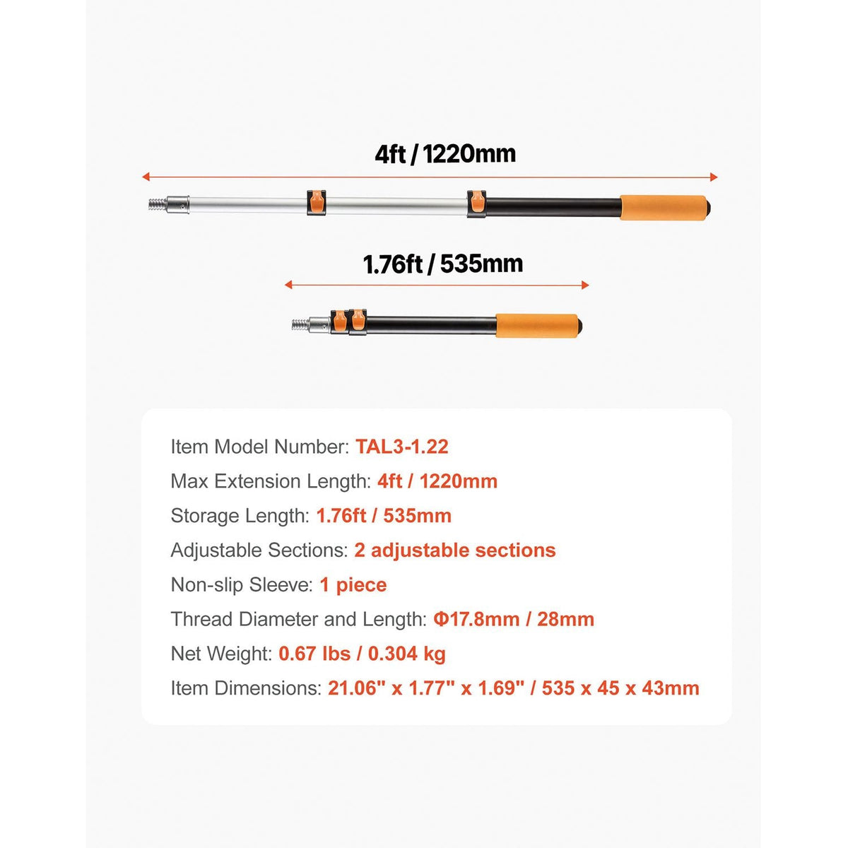 Telescopic Extension Pole, 1.76-4 FT Multi-Purpose Extendable Pole, Sturdy Aluminum Alloy Paint Pole Extension with Flip-Lock Design, High Reach Roller Stick for Painting, Dusting and Cleaning