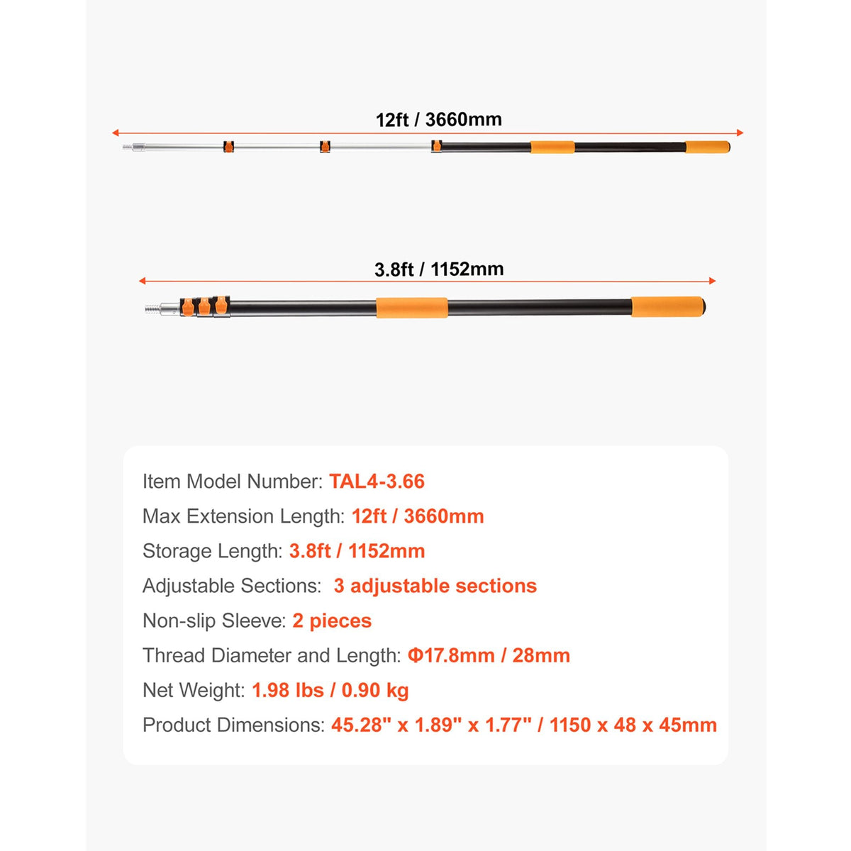 Telescopic Extension Pole, 3.8-12 FT Multi-Purpose Extendable Pole, Sturdy Aluminum Alloy Paint Pole Extension with Flip-Lock Design, High Reach Roller Stick for Painting, Dusting and Cleaning