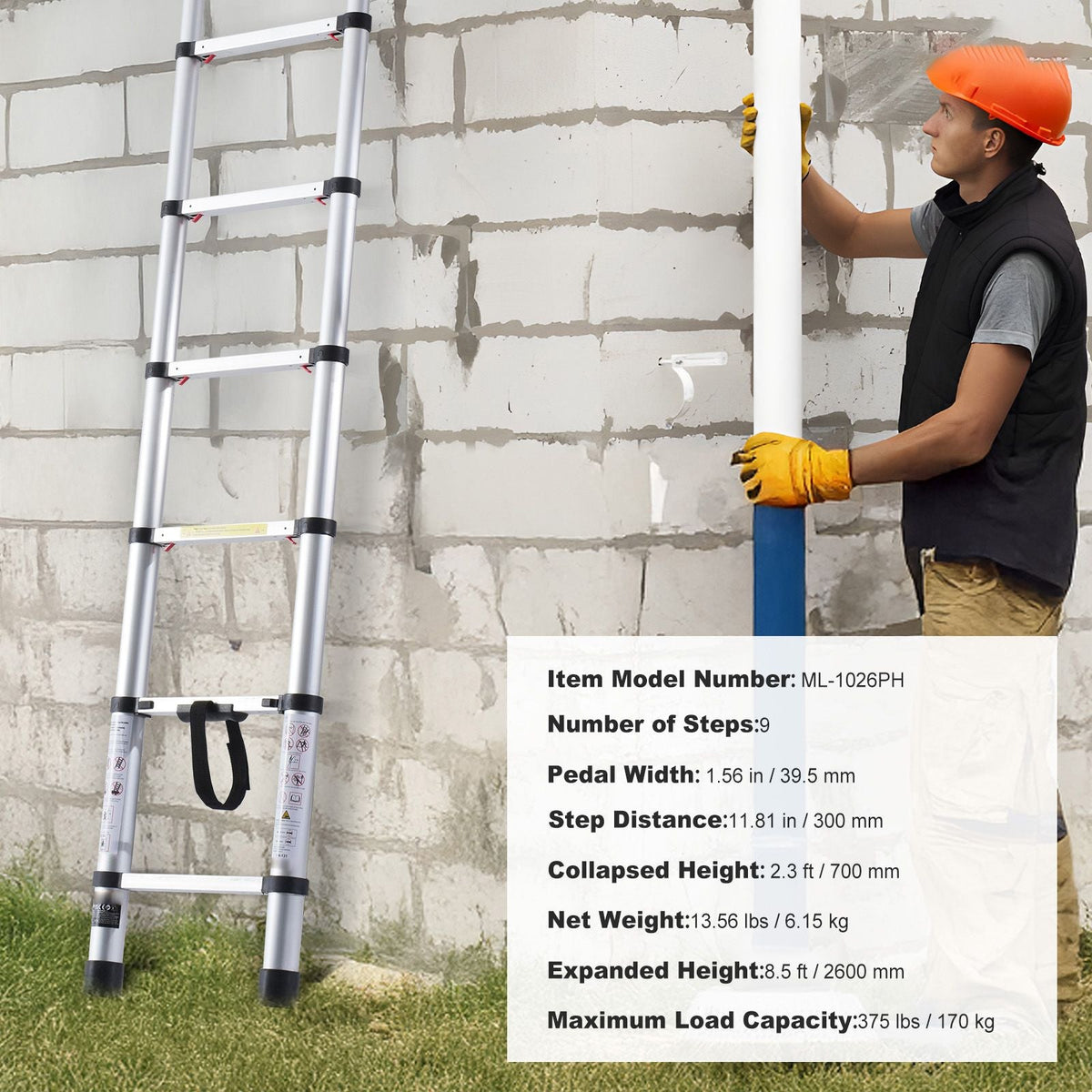 Telescoping Ladder, 8.5FT Aluminum Lightweight Extension Ladder, One-button Retraction Collapsible Ladder, 375 LBS Capacity with Non-slip Feet, Portable Compact Ladders for Home, RV, Loft