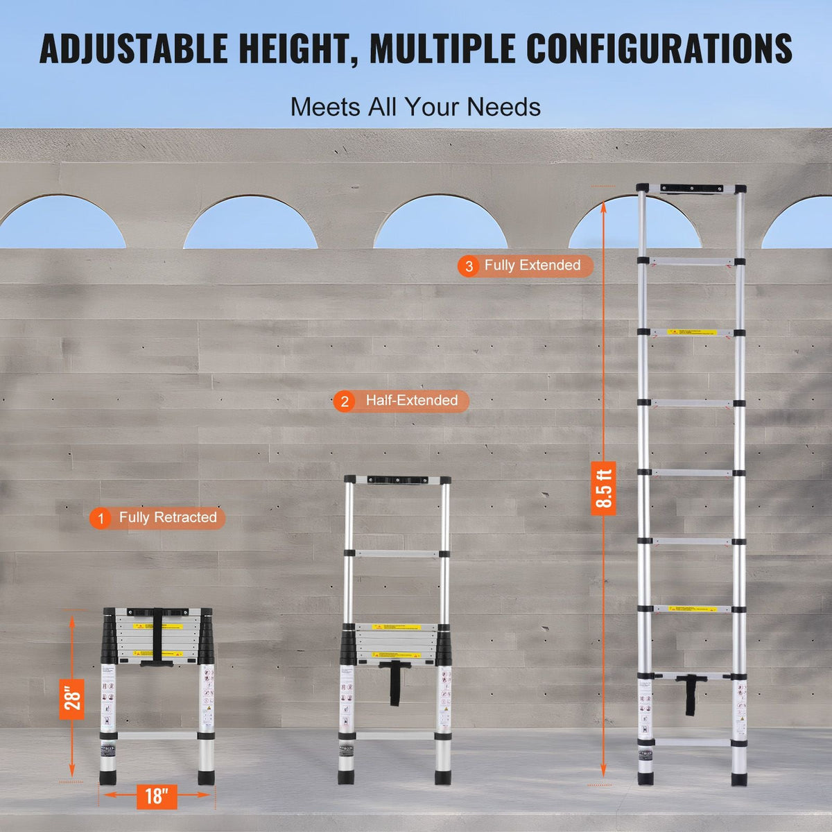 Telescoping Ladder, 8.5FT Aluminum Lightweight Extension Ladder, One-button Retraction Collapsible Ladder, 375 LBS Capacity with Non-slip Feet, Portable Compact Ladders for Home, RV, Loft