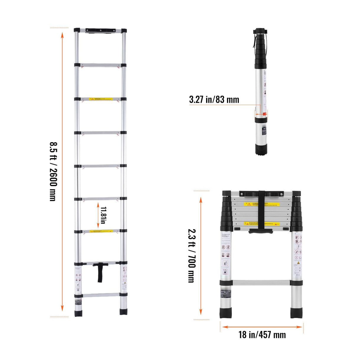 Telescoping Ladder, 8.5FT Aluminum Lightweight Extension Ladder, One-button Retraction Collapsible Ladder, 375 LBS Capacity with Non-slip Feet, Portable Compact Ladders for Home, RV, Loft