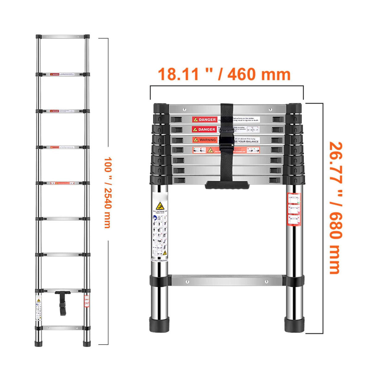 Telescoping Ladder, 8.5ft Stainless Steel Lightweight Extension Ladder, Multi-Button Retraction Collapsible Ladders, 330LBS Capacity & Non-Slip Feet, Portable 9-Step Ladders for Home, RV, Loft