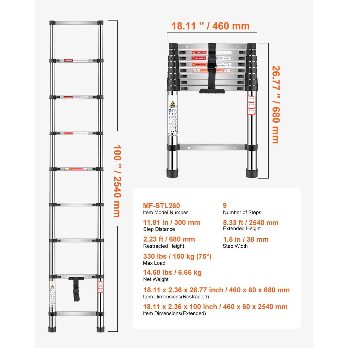 Telescoping Ladder, 8.5ft Stainless Steel Lightweight Extension Ladder, Multi-Button Retraction Collapsible Ladders, 330LBS Capacity & Non-Slip Feet, Portable 9-Step Ladders for Home, RV, Loft