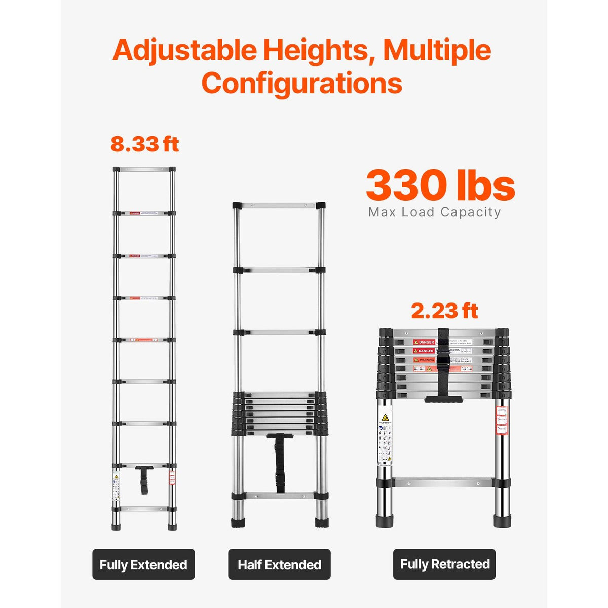 Telescoping Ladder, 8.5ft Stainless Steel Lightweight Extension Ladder, Multi-Button Retraction Collapsible Ladders, 330LBS Capacity & Non-Slip Feet, Portable 9-Step Ladders for Home, RV, Loft