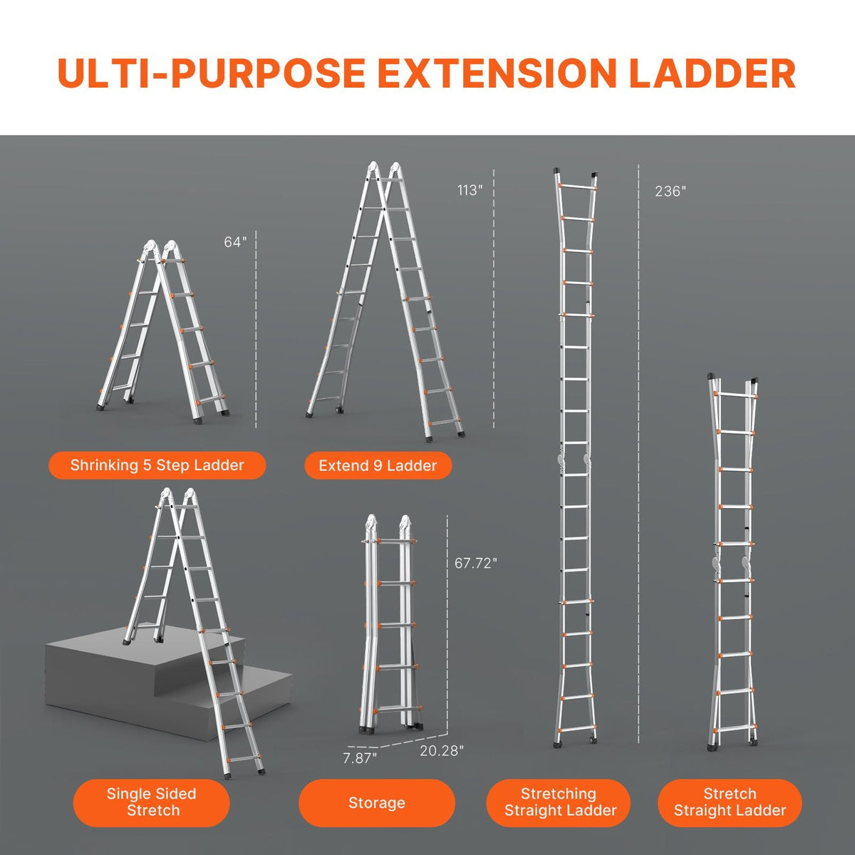 Telescoping Ladder A Frame, 20 FT Compact Aluminum Extension Ladder, Multi-Function Portable Collapsible RV Ladder, Telescopic Ladder for Homework Stairs Indoor Outdoor Roof, 330lb Load