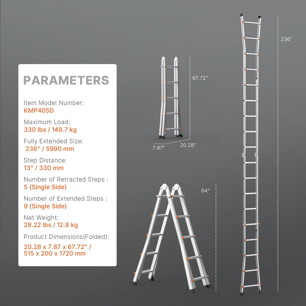 Telescoping Ladder A Frame, 20 FT Compact Aluminum Extension Ladder, Multi-Function Portable Collapsible RV Ladder, Telescopic Ladder for Homework Stairs Indoor Outdoor Roof, 330lb Load