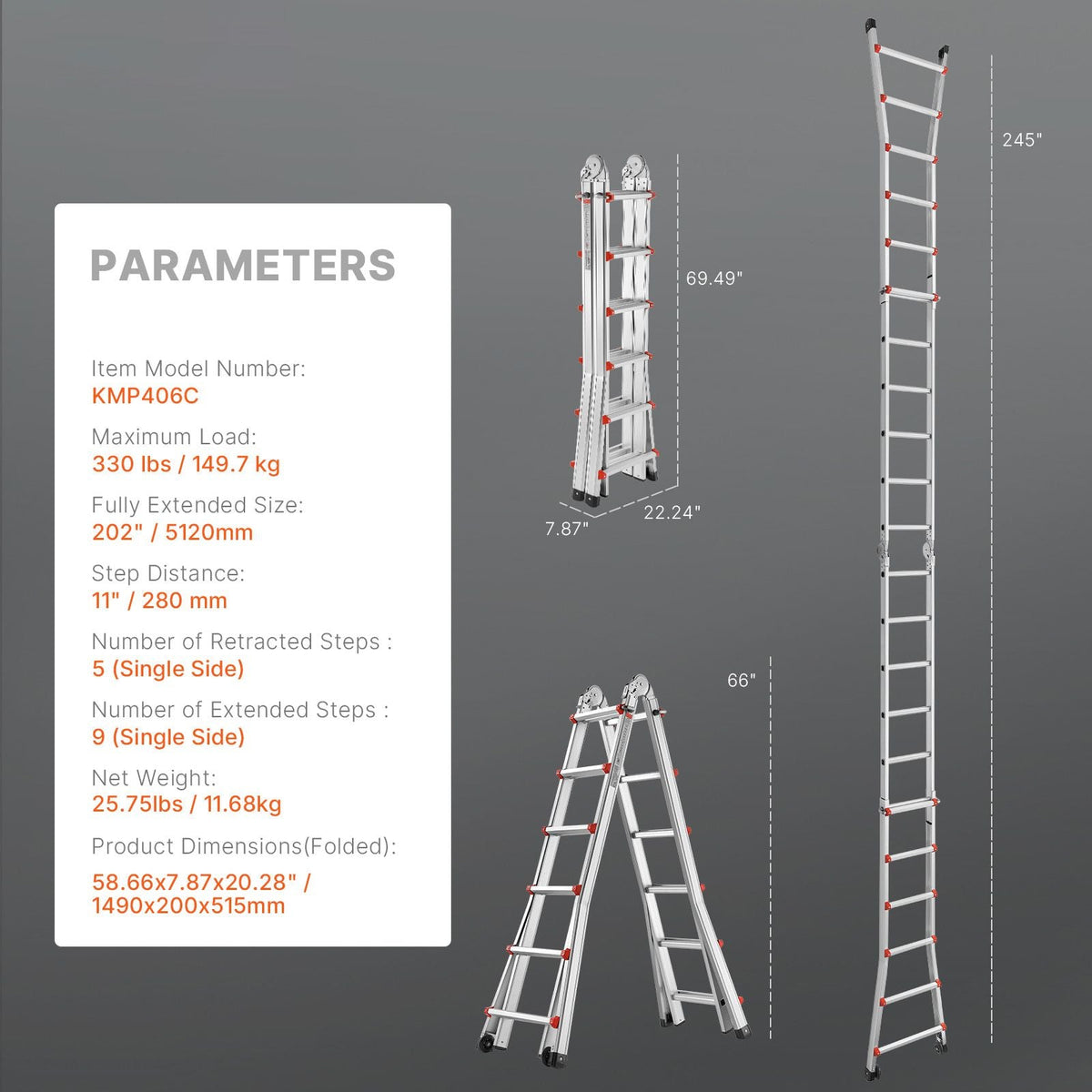 Telescoping Ladder A Frame, 20.5 FT Compact Aluminum Extension Ladder, Multi-Function Portable Collapsible RV Ladder, Telescopic Ladder for Homework Stairs Indoor Outdoor Roof, 330lb Load