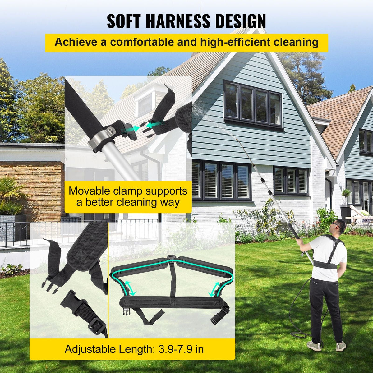 Telescoping Pressure Washer Wand, Max. 18 ft Adjustable Power Washer Extension Wand, 4000PSI 9GPM Power Cleaning Tools with 5 Nozzle Tips, Strap Belt, 3/8\'\' & 1/4\'\' Quick Connectors, Silver/