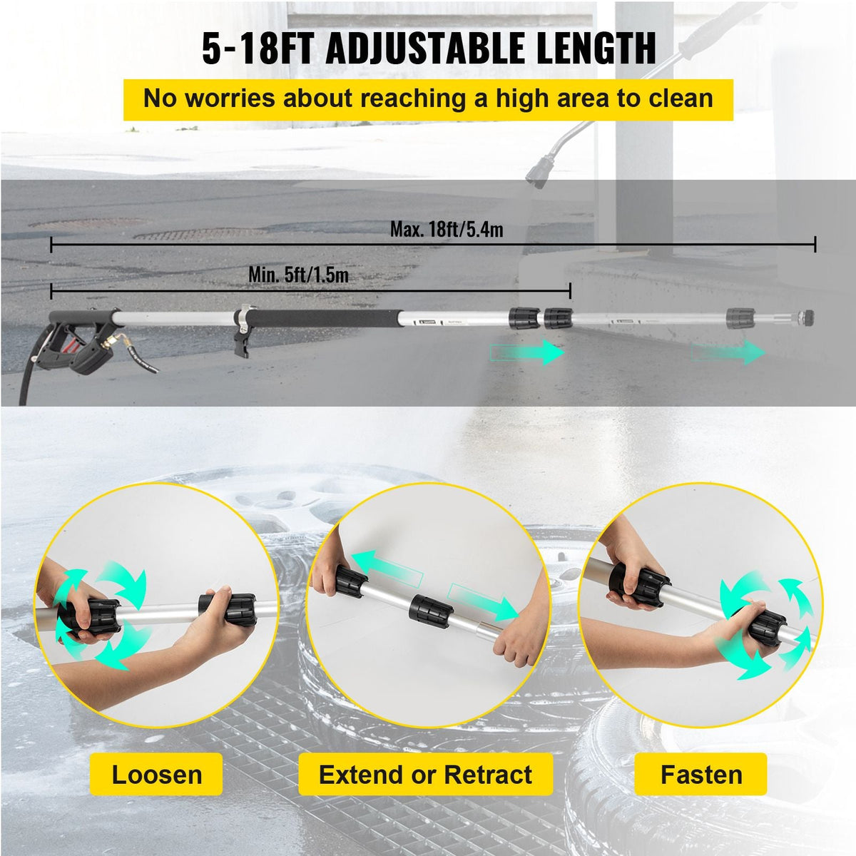 Telescoping Pressure Washer Wand, Max. 18 ft Adjustable Power Washer Extension Wand, 4000PSI 9GPM Power Cleaning Tools with 5 Nozzle Tips, Strap Belt, 3/8\'\' & 1/4\'\' Quick Connectors, Silver/