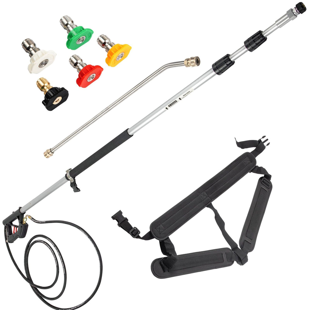 Telescoping Pressure Washer Wand, Max. 18 ft Adjustable Power Washer Extension Wand, 4000PSI 9GPM Power Cleaning Tools with 5 Nozzle Tips, Strap Belt, 3/8\'\' & 1/4\'\' Quick Connectors, Silver/
