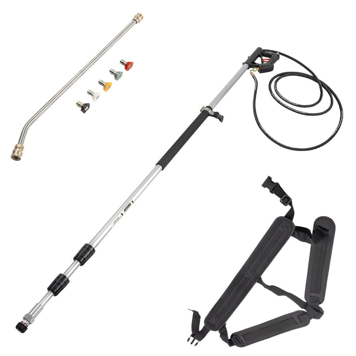 Telescoping Pressure Washer Wand, Max. 18 ft Adjustable Power Washer Extension Wand, 4000PSI 9GPM Power Cleaning Tools with 5 Nozzle Tips, Strap Belt, 3/8\'\' & 1/4\'\' Quick Connectors, Silver/