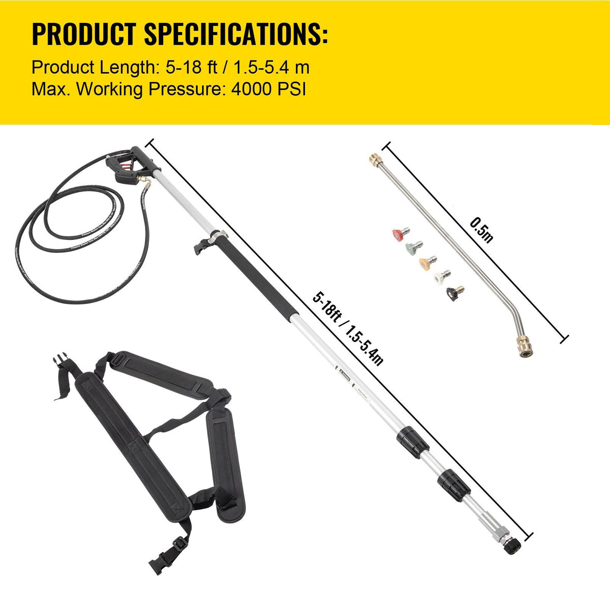Telescoping Pressure Washer Wand, Max. 18 ft Adjustable Power Washer Extension Wand, 4000PSI 9GPM Power Cleaning Tools with 5 Nozzle Tips, Strap Belt, 3/8\'\' & 1/4\'\' Quick Connectors, Silver/