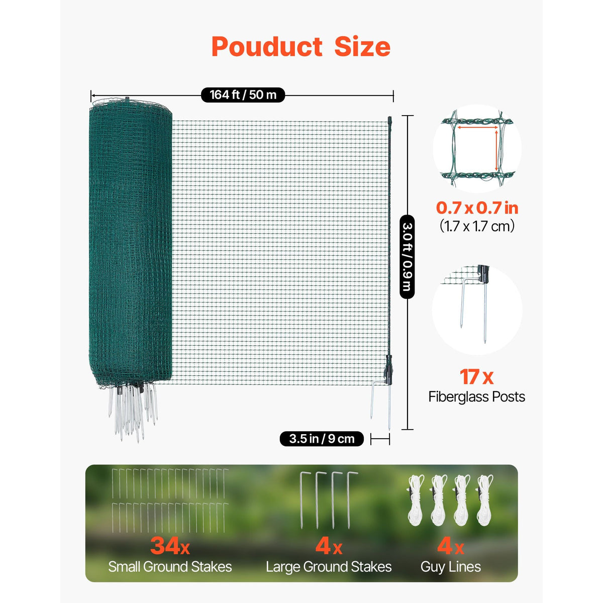 Temporary Fence with Posts, 3 x 164 FT Plastic Mesh Fencing, Garden Safety Fences Netting with Double-Spike Stakes & Guy Ropes, Temporary Fence for Dogs, Chickens, Plants, Outdoor Yards