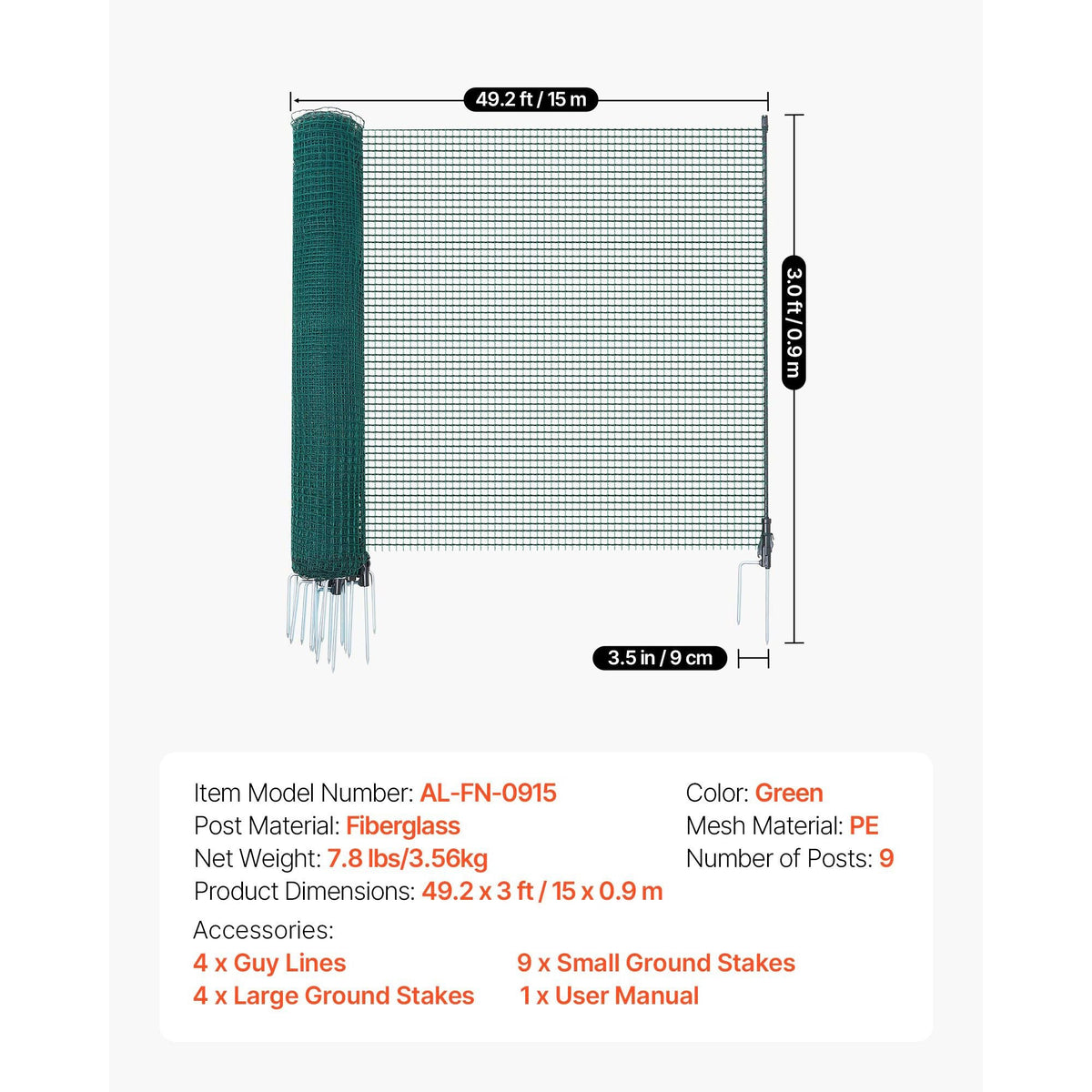 Temporary Fence with Posts, 3 x 49.2 FT Plastic Mesh Fencing, Garden Safety Fences Netting with Double-Spike Stakes & Guy Ropes, Temporary Fence for Dogs, Chickens, Plants, Outdoor Yards