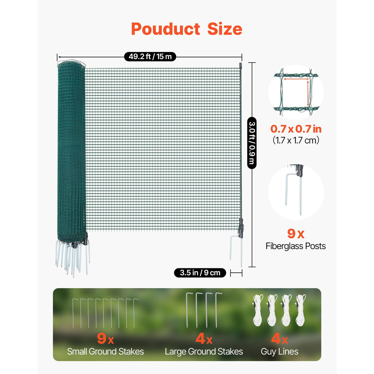Temporary Fence with Posts, 3 x 49.2 FT Plastic Mesh Fencing, Garden Safety Fences Netting with Double-Spike Stakes & Guy Ropes, Temporary Fence for Dogs, Chickens, Plants, Outdoor Yards