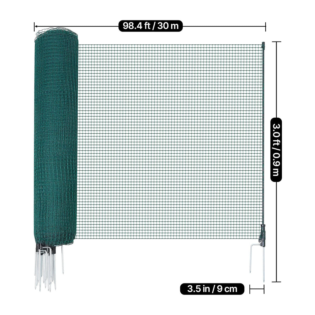 Temporary Fence with Posts, 3 x 98.4 FT Plastic Mesh Fencing, Garden Safety Fences Netting with Double-Spike Stakes & Guy Ropes, Temporary Fence for Dogs, Chickens, Plants, Outdoor Yards