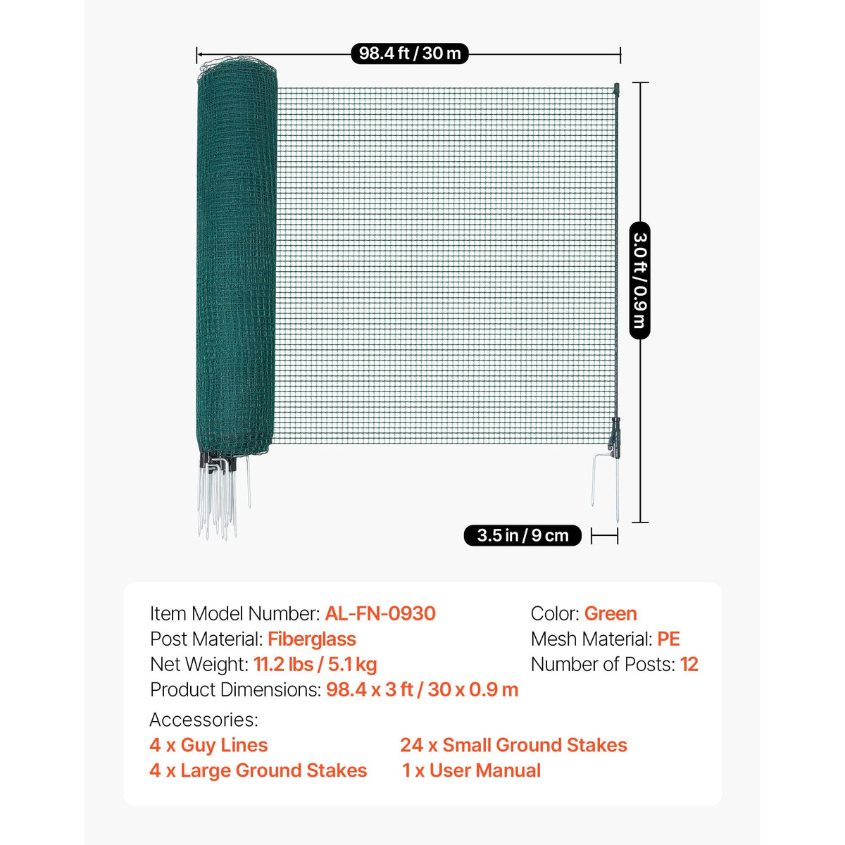 Temporary Fence with Posts, 3 x 98.4 FT Plastic Mesh Fencing, Garden Safety Fences Netting with Double-Spike Stakes & Guy Ropes, Temporary Fence for Dogs, Chickens, Plants, Outdoor Yards