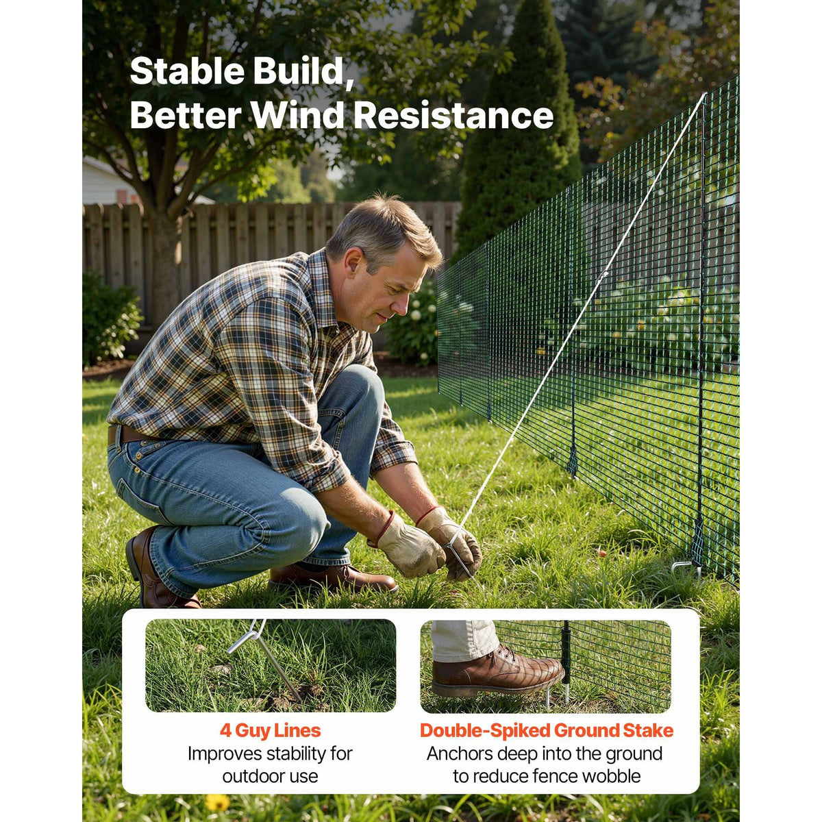 Temporary Fence with Posts, 3.9 x 49.2 FT Plastic Mesh Fencing, Garden Safety Fences Netting with Double-Spike Stakes & Guy Ropes, Temporary Fence for Dogs, Chickens, Plants, Outdoor Yards
